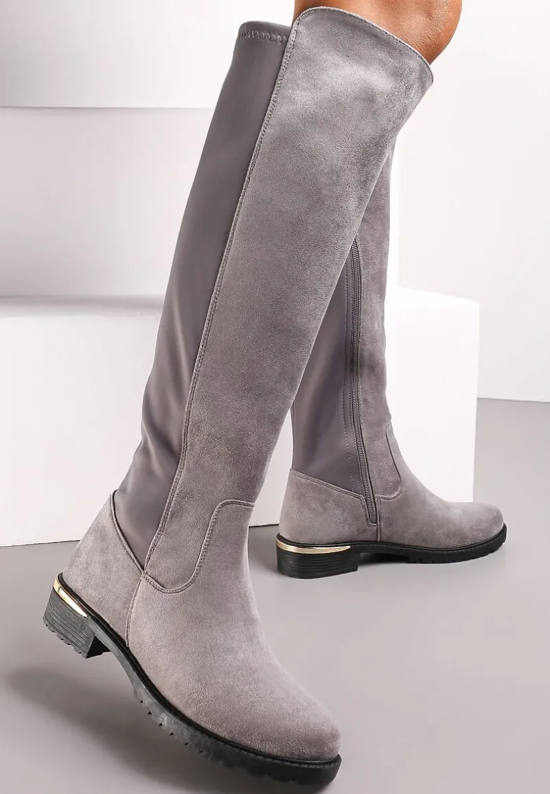 Szare Kozaki na Płaskim Obcasie z Cholewką do Kolana Navella