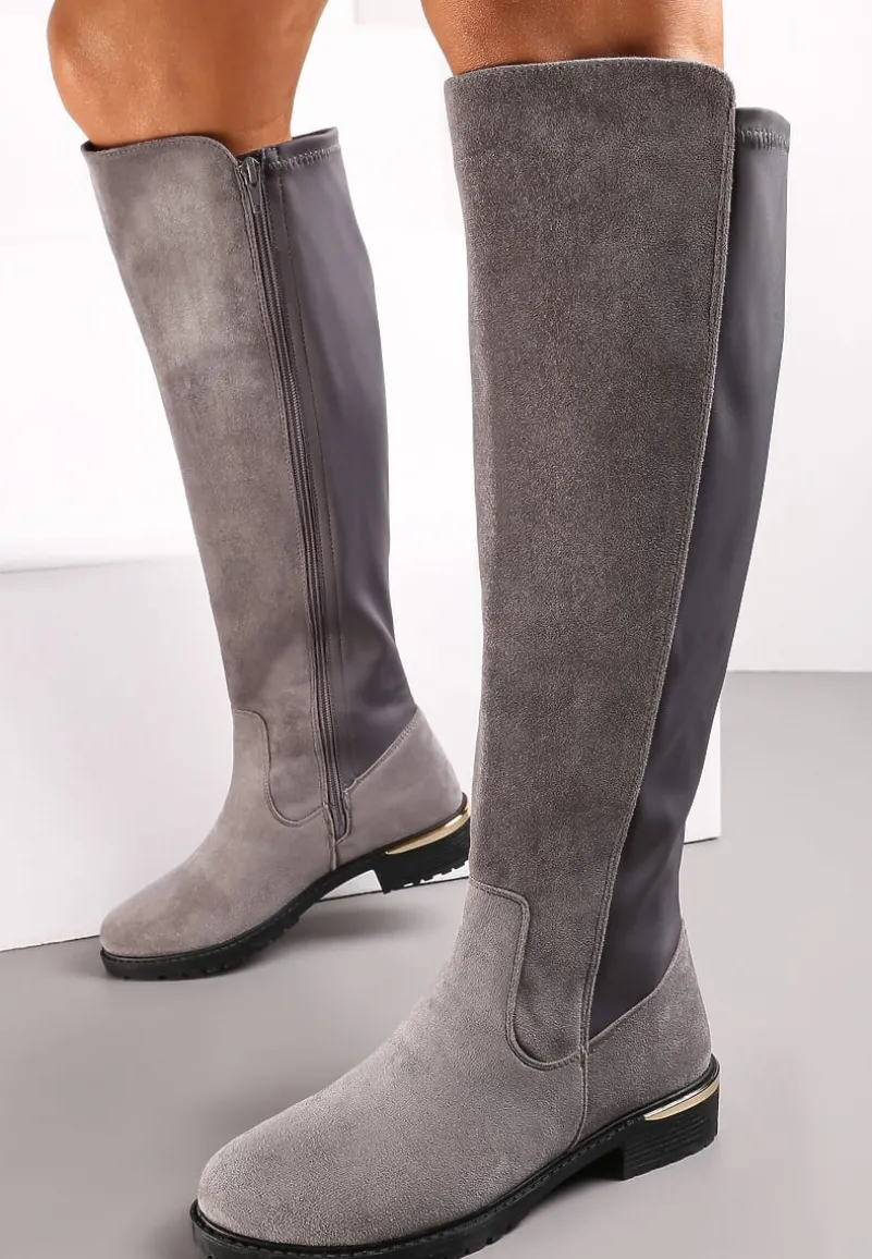 Szare Kozaki na Płaskim Obcasie z Cholewką do Kolana Navella