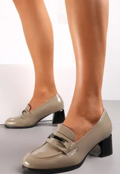 Szare Lakierowane Półbuty na Słupku ze Skórzaną Wkładką Grevna