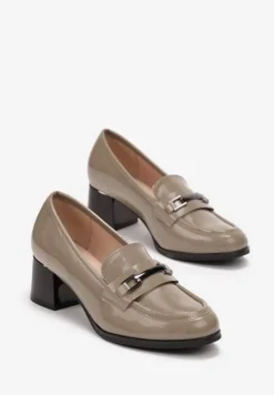 Szare Lakierowane Półbuty na Słupku ze Skórzaną Wkładką Grevna