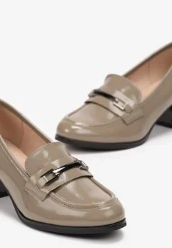 Szare Lakierowane Półbuty na Słupku ze Skórzaną Wkładką Grevna