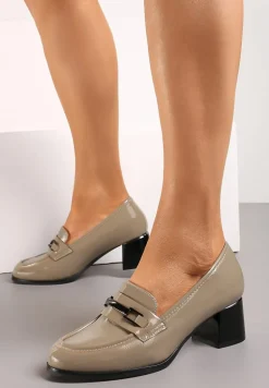 Szare Lakierowane Półbuty ze Skórzaną Wkładką na Słupku z Metalową Klamrą Fondaria