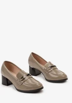 Szare Lakierowane Półbuty ze Skórzaną Wkładką na Słupku z Metalową Klamrą Fondaria