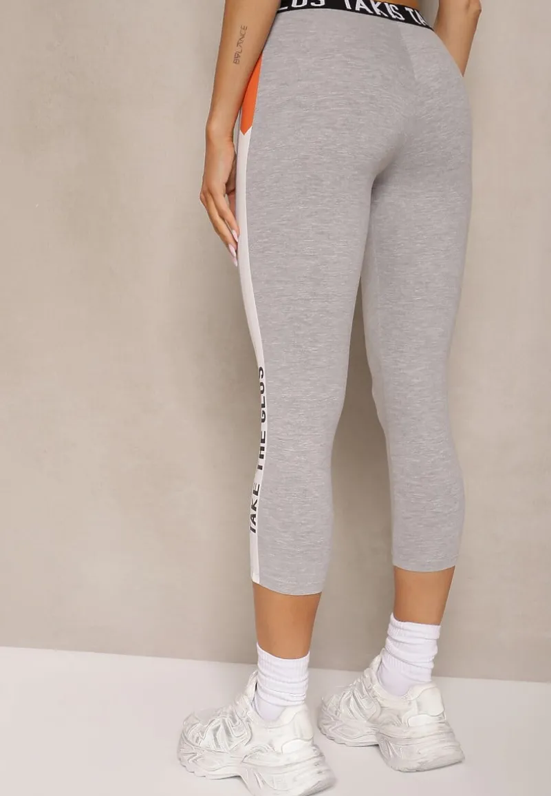 Szare Legginsy Capri Low Waist z Bawełny Zdobione Lampasem Obalisse