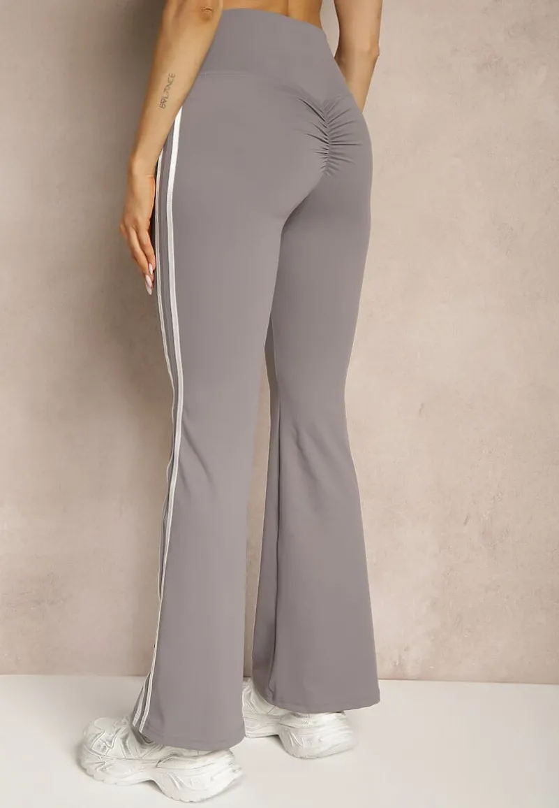 Szare Legginsy Flare High Waist z Marszczeniem i Lampasami Kirsena