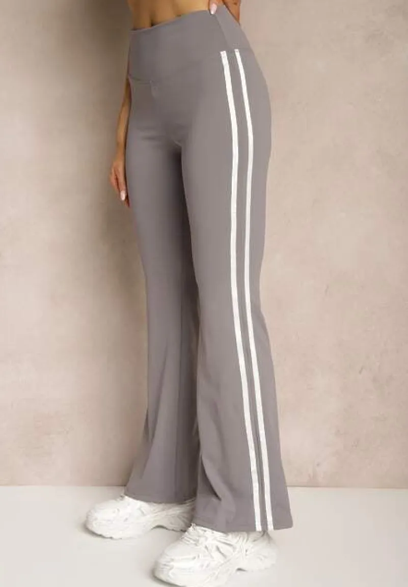Szare Legginsy Flare High Waist z Marszczeniem i Lampasami Kirsena