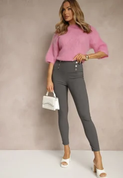 Szare Legginsy High Waist z Ozdobnymi Guzikami Kolowenia
