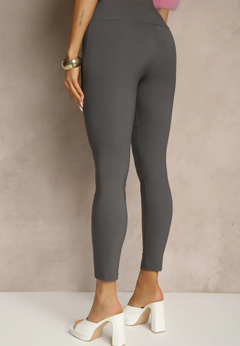 Szare Legginsy High Waist z Ozdobnymi Guzikami Kolowenia