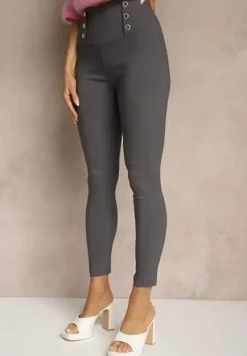 Szare Legginsy High Waist z Ozdobnymi Guzikami Kolowenia