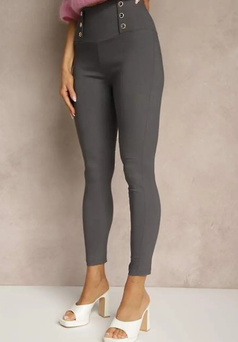 Szare Legginsy High Waist z Ozdobnymi Guzikami Kolowenia