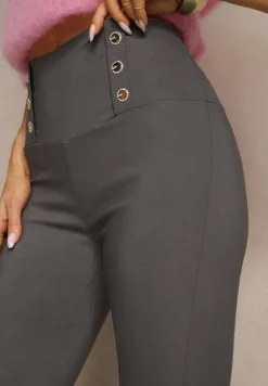 Szare Legginsy High Waist z Ozdobnymi Guzikami Kolowenia