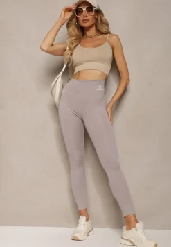 Szare Legginsy High Waist z Gumką w Pasie Cloen