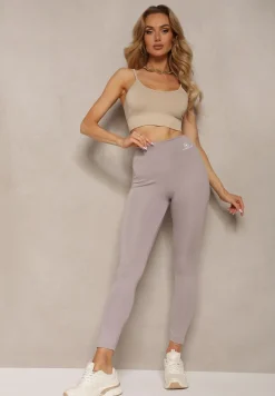 Szare Legginsy High Waist z Gumką w Pasie Cloen