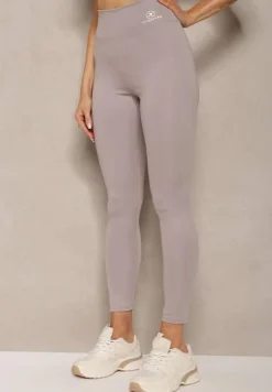 Szare Legginsy High Waist z Gumką w Pasie Cloen