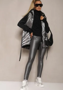 Szare Legginsy Push-Up z Ekoskóry Ocieplone Polarkiem Alabella