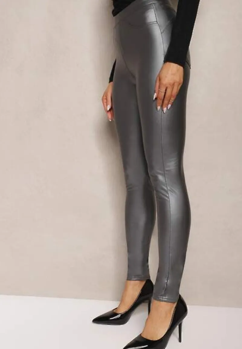 Szare Legginsy z Imitacji Skóry High Waist Noriel