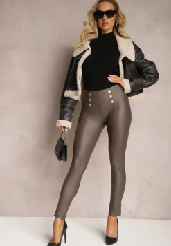 Szare Legginsy z Imitacji Skóry z Pionowymi Przeszyciami i Ozdobnymi Napami Sullya