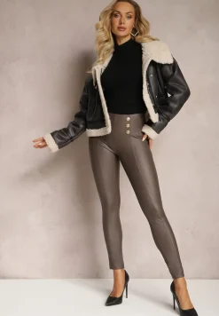 Szare Legginsy z Imitacji Skóry z Pionowymi Przeszyciami i Ozdobnymi Napami Sullya