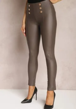 Szare Legginsy z Imitacji Skóry z Pionowymi Przeszyciami i Ozdobnymi Napami Sullya