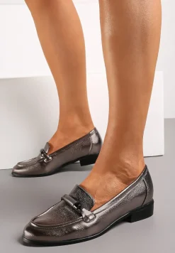 Szare Metaliczne Mokasyny Loafersy z Klamerką i Wkładką ze Skóry Naturalnej Vinterua