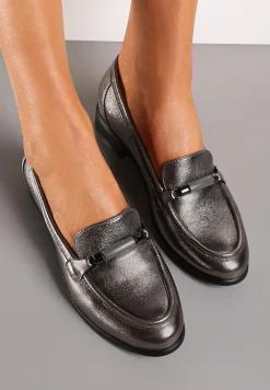 Szare Metaliczne Mokasyny Loafersy z Klamerką i Wkładką ze Skóry Naturalnej Vinterua
