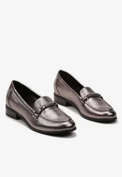 Szare Metaliczne Mokasyny Loafersy z Klamerką i Wkładką ze Skóry Naturalnej Vinterua