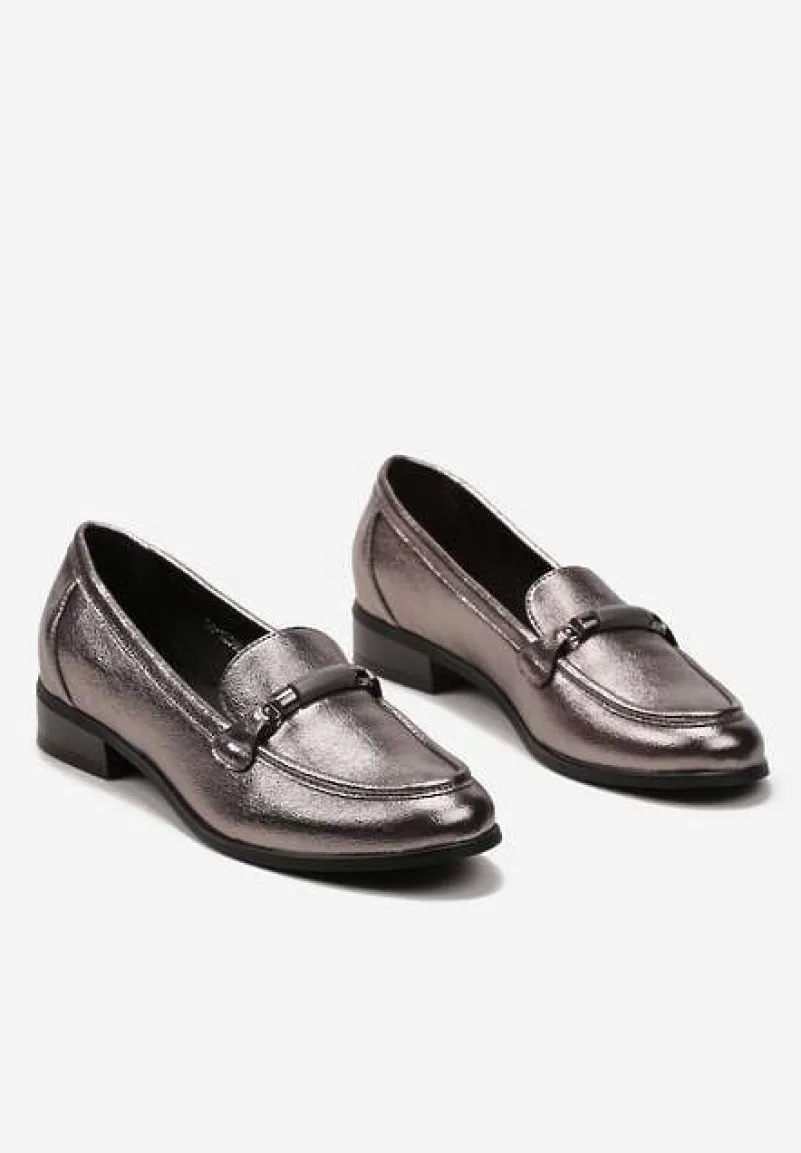 Szare Metaliczne Mokasyny Loafersy z Klamerką i Wkładką ze Skóry Naturalnej Vinterua