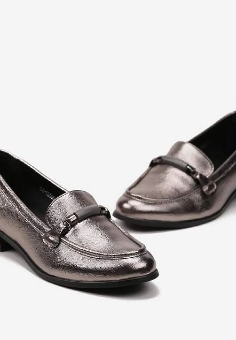 Szare Metaliczne Mokasyny Loafersy z Klamerką i Wkładką ze Skóry Naturalnej Vinterua