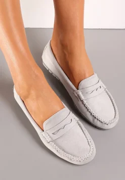 Szare Mokasyny z Przeszyciami i Wkładką ze Skóry Naturalnej Isotta