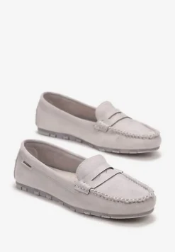 Szare Mokasyny z Przeszyciami i Wkładką ze Skóry Naturalnej Isotta