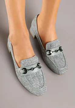 Szare Mokasyny z Wkładką ze Skóry Naturalnej Zdobione Plecionką i Aplikacją Falenitia