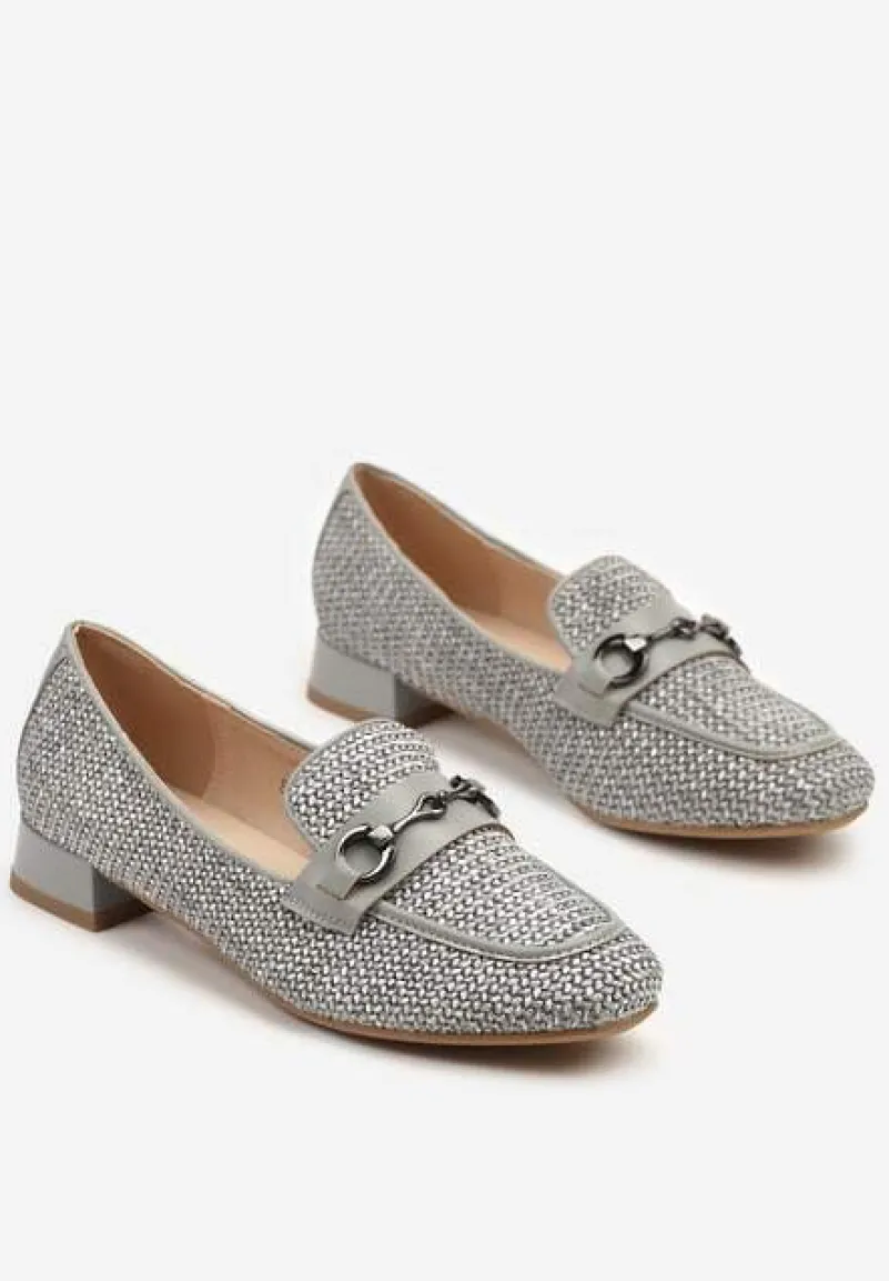 Szare Mokasyny z Wkładką ze Skóry Naturalnej Zdobione Plecionką i Aplikacją Falenitia