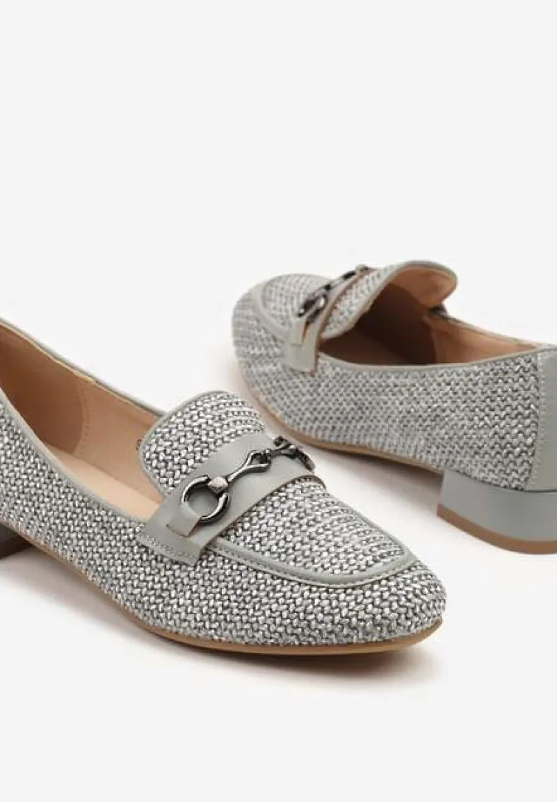 Szare Mokasyny z Wkładką ze Skóry Naturalnej Zdobione Plecionką i Aplikacją Falenitia