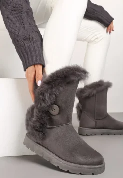Szare Śniegowce na Płaskiej Podeszwie z Futerkiem Seanira