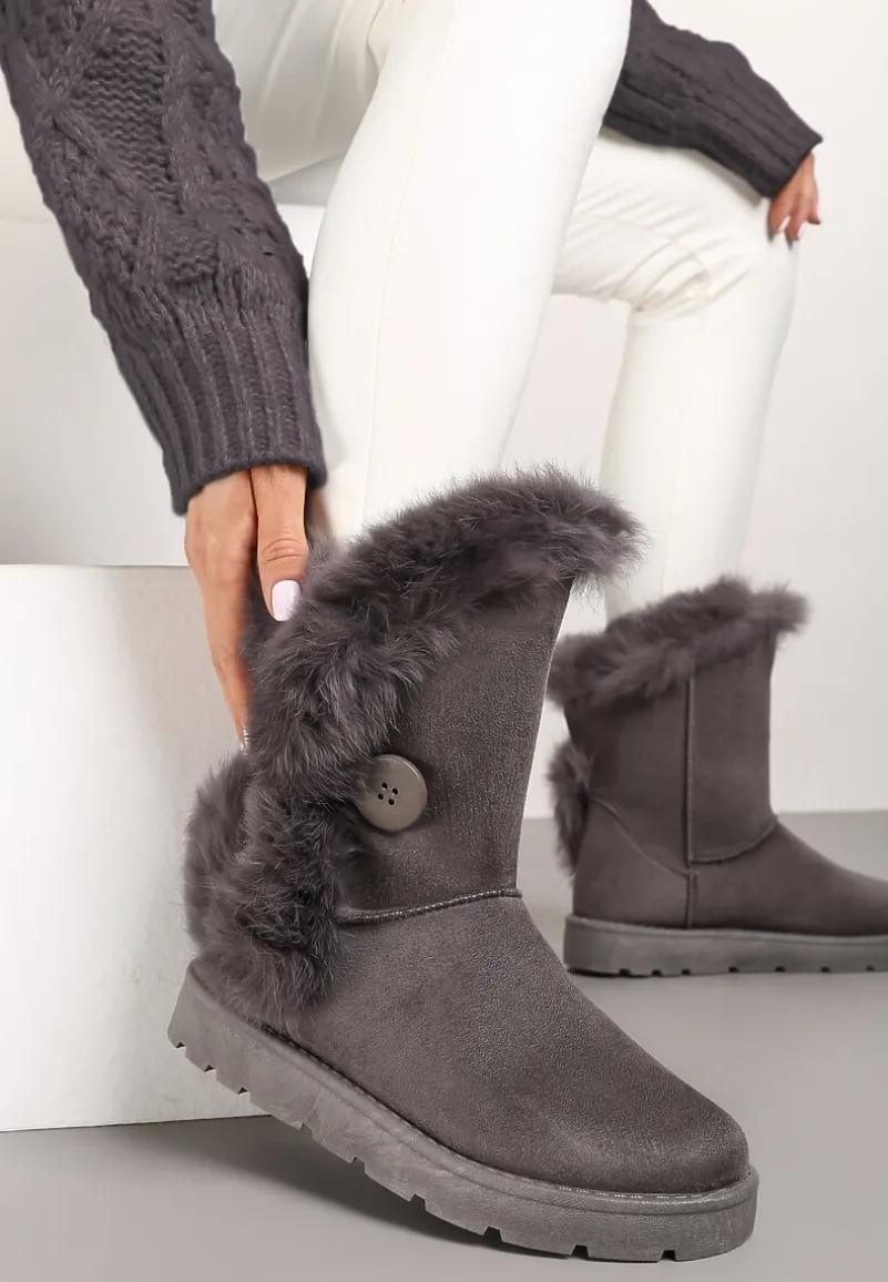 Szare Śniegowce na Płaskiej Podeszwie z Futerkiem Seanira