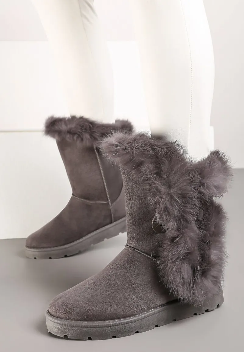 Szare Śniegowce na Płaskiej Podeszwie z Futerkiem Seanira