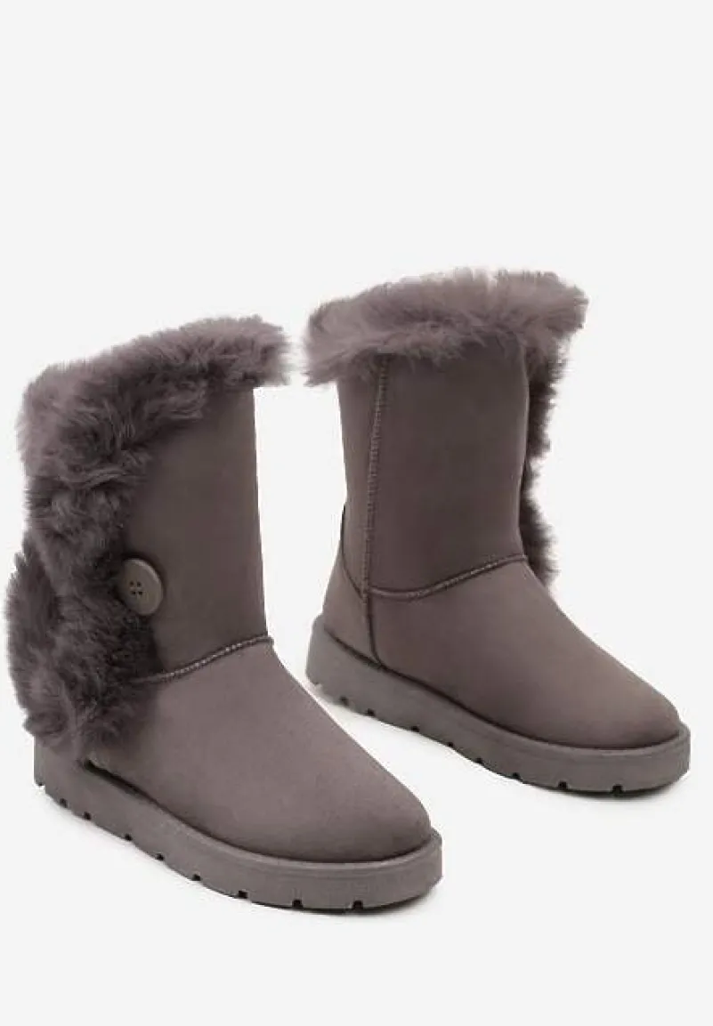 Szare Śniegowce na Płaskiej Podeszwie z Futerkiem Seanira