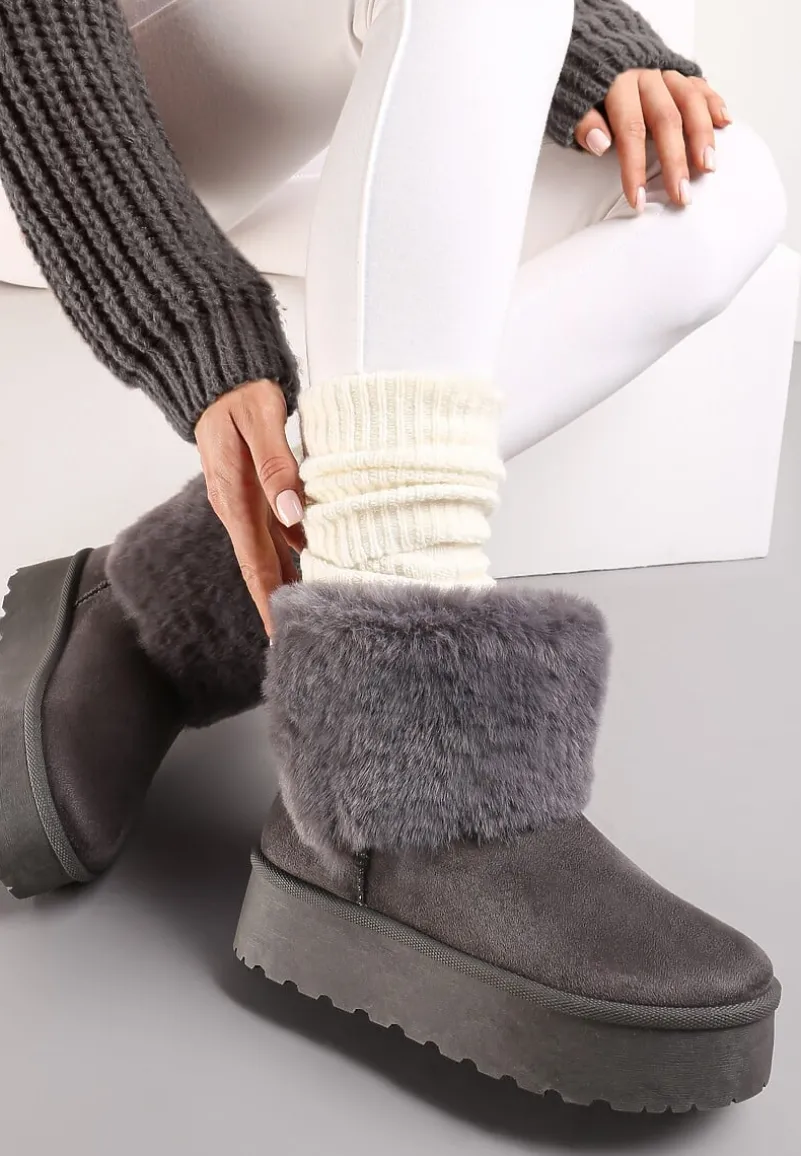 Szare Śniegowce na Platformie z Ozdobnym Futerkiem Tiran