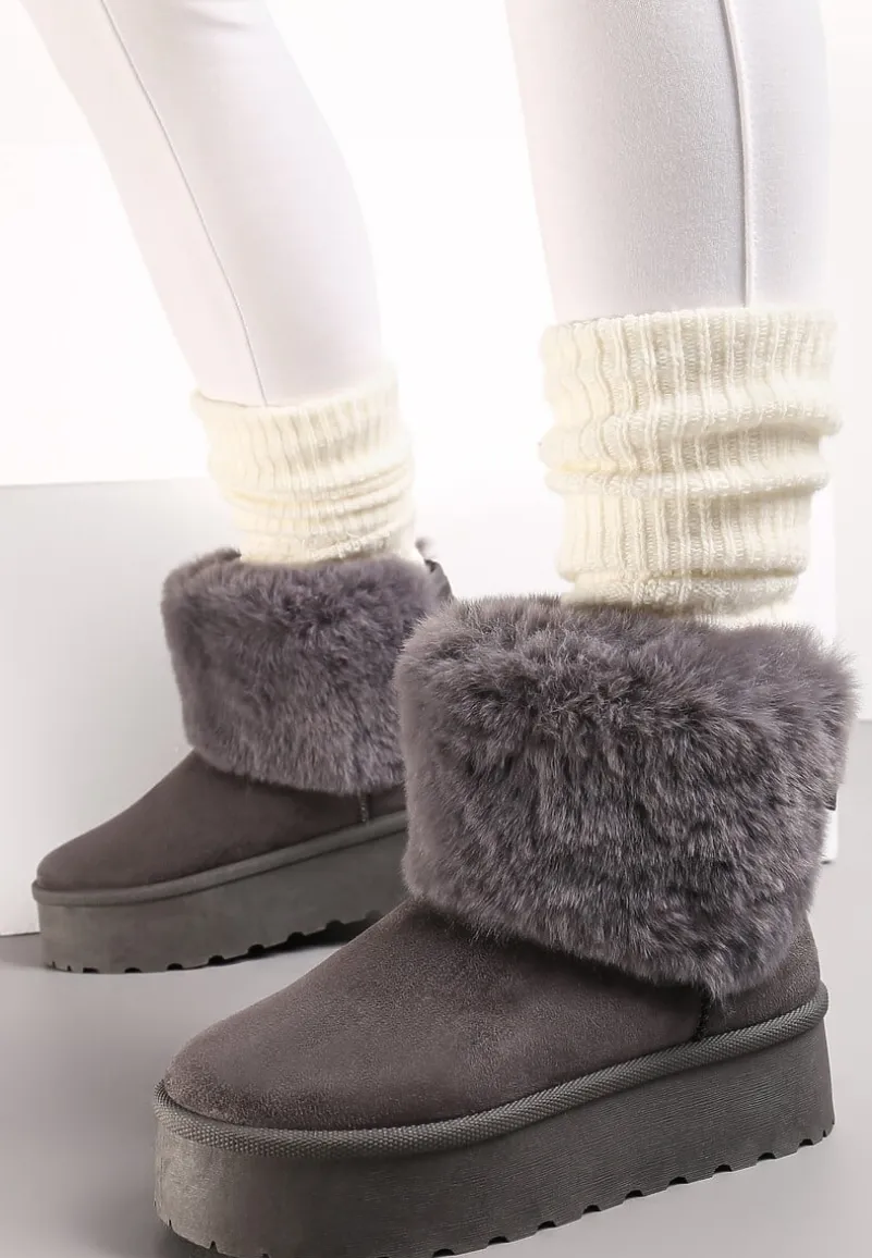 Szare Śniegowce na Platformie z Ozdobnym Futerkiem Tiran