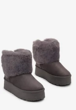 Szare Śniegowce na Platformie z Ozdobnym Futerkiem Tiran