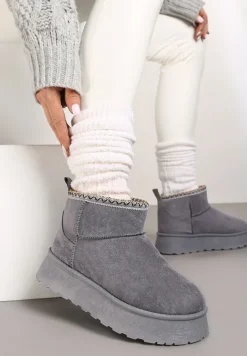 Szare Śniegowce na Platformie Ozdobione Haftem Deccaria