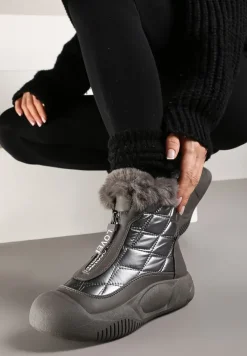 Szare Śniegowce Vices na Platformie z Pikowaną Cholewką i Futerkiem Gemitana