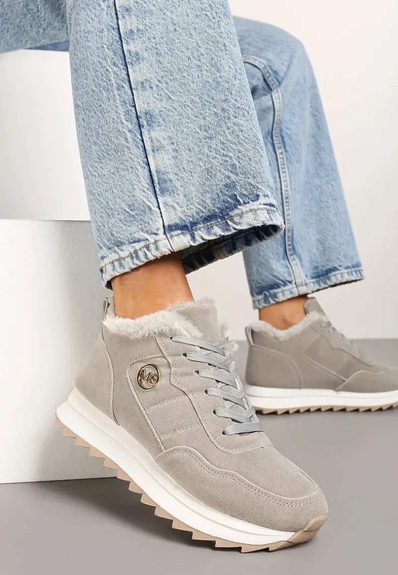 Szare Ocieplane Sneakersy na Platformie Appopis
