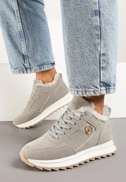 Szare Ocieplane Sneakersy na Platformie Appopis
