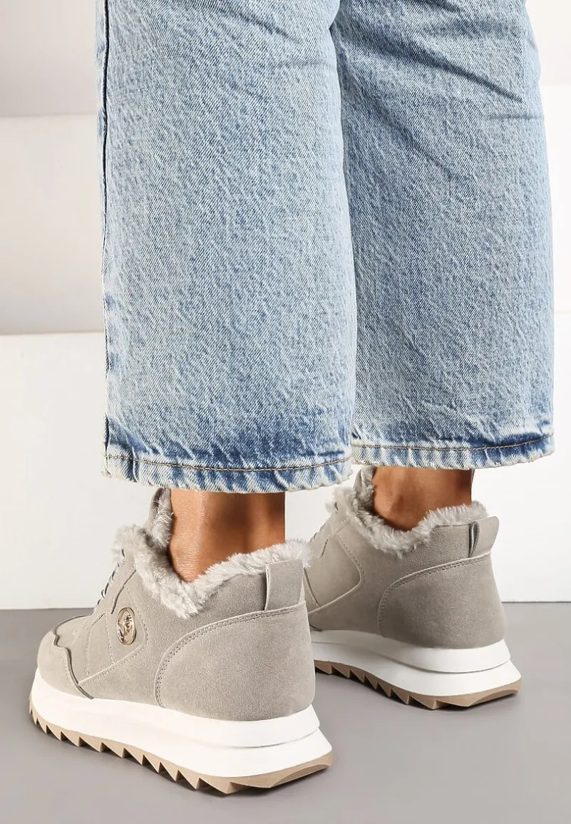 Szare Ocieplane Sneakersy na Platformie Appopis