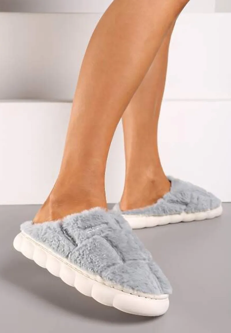 Szare Płaskie Futrzane Kapcie z Geometrycznym Wzorem Naoritha