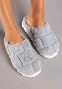 Szare Płaskie Futrzane Kapcie z Geometrycznym Wzorem Naoritha
