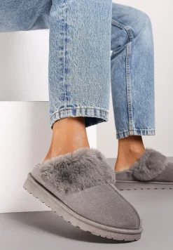 Szare Płaskie Kapcie Ozdobione Futerkiem Avettria