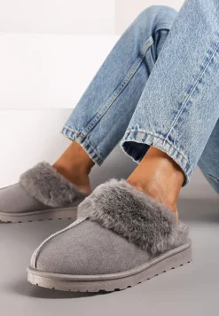 Szare Płaskie Kapcie Ozdobione Futerkiem Avettria