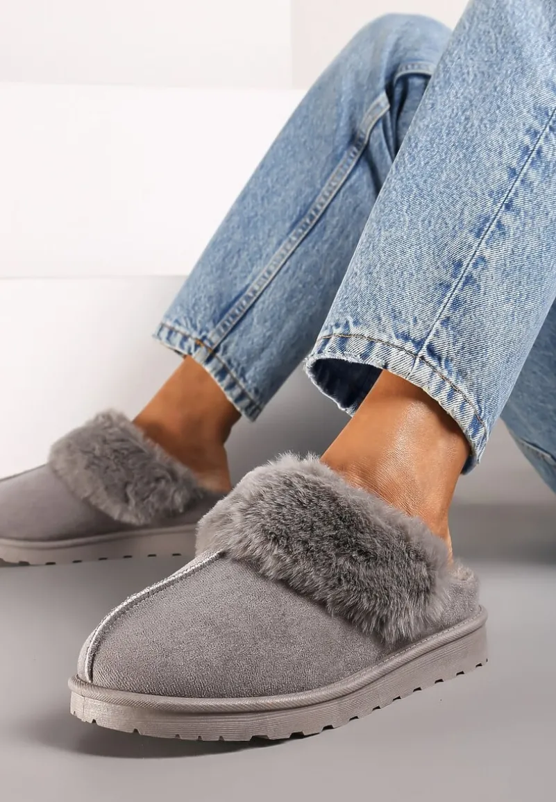 Szare Płaskie Kapcie Ozdobione Futerkiem Avettria